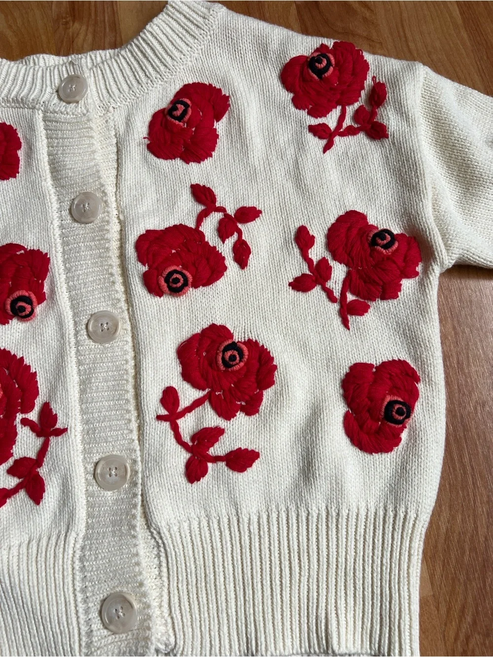 VGUC Francesca's Collections Cream Cardigan with Red Rose Embroidery